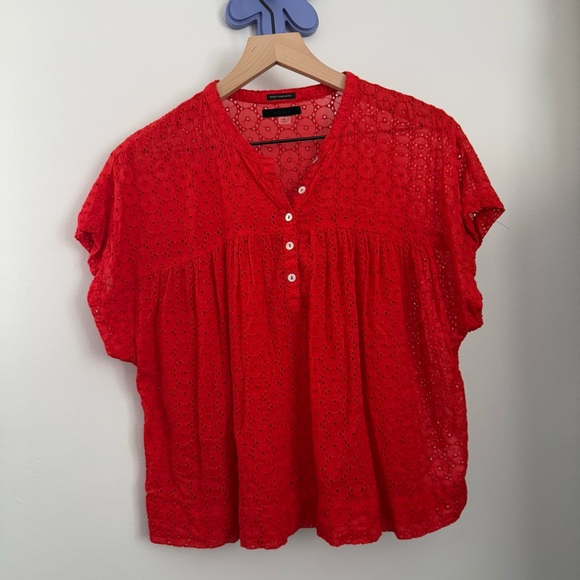 Mother Large Pop Your Top Red Eyelet Boxy Fit Sheer Preppy Boho Cottage - Picture 1 of 8